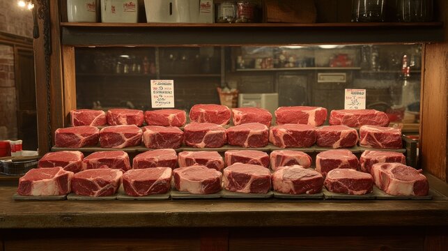 A display of various cuts of meat arranged neatly on trays in a butcher shop.