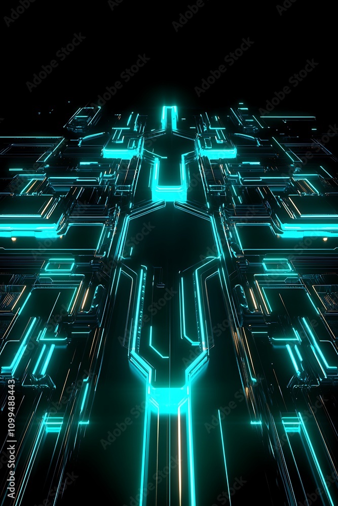 Poster futuristic abstract technology background featuring neon glow and geometric patterns in a dark envir