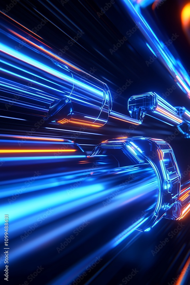 Poster futuristic abstract technology background with neon lights and glowing pipes creating a dynamic sens