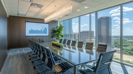 Obraz premium Modern conference room with a large table, glass walls, and city view.