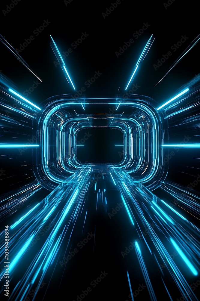 Poster futuristic abstract tunnel with glowing blue neon lights creating a sense of speed and motion in a d