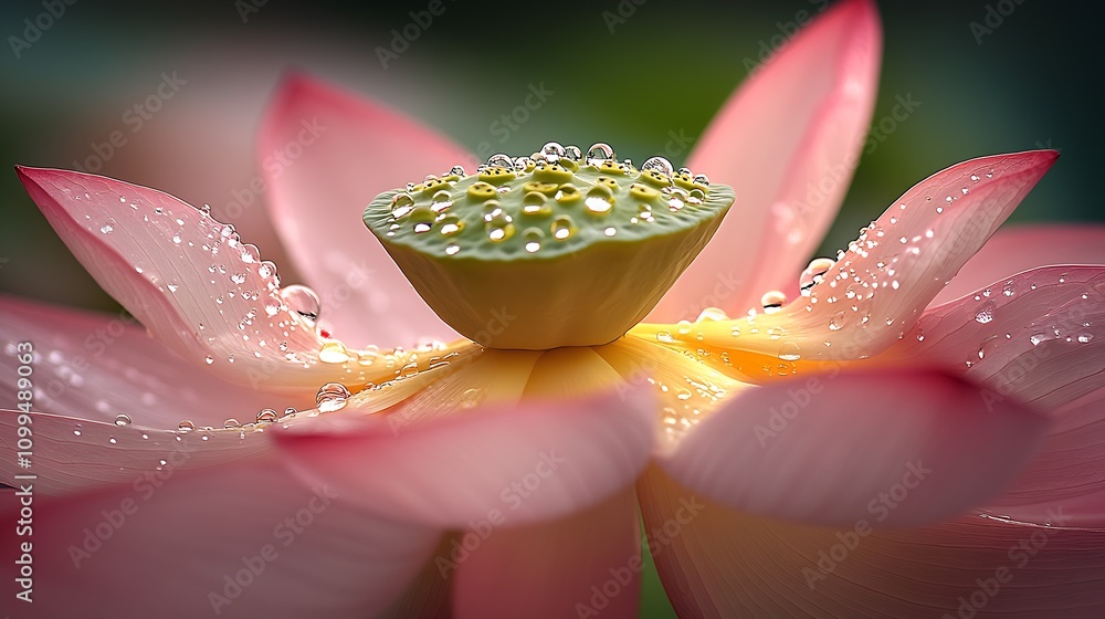 Poster close-up of a pink lotus flower with dew drops on petals : generative ai