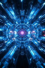 Fototapeta premium Futuristic Abstract Tunnel with Shimmering Blue Lights and Energy Core, Invoking a Sense of Depth and Technological Advancement