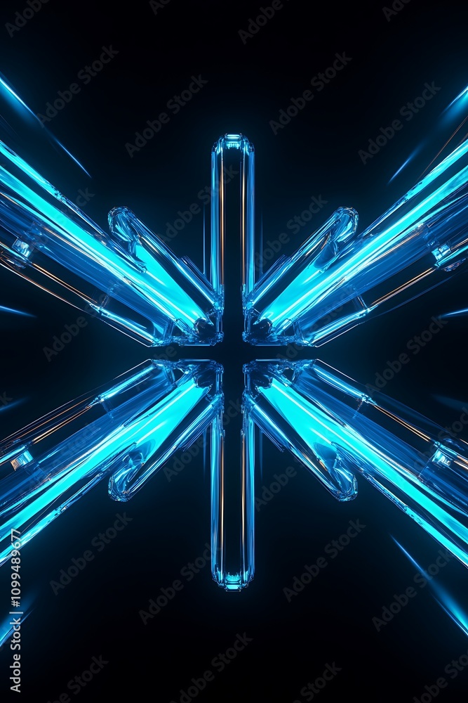 Poster futuristic blue light rays forming symmetrical patterns in a dark background, visualizing energy and