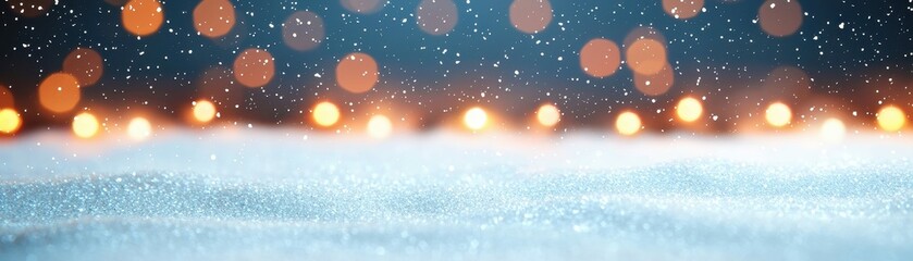 Fototapeta premium Sparkling Winter Snow Scene with Festive Lights Background