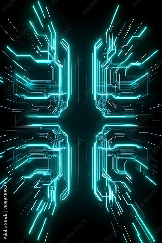 Poster Futuristic Circuit Board Design with Neon Glow and Dynamic Lines Against a Dark Background, Representing Technology and Innovation in a Digital Era