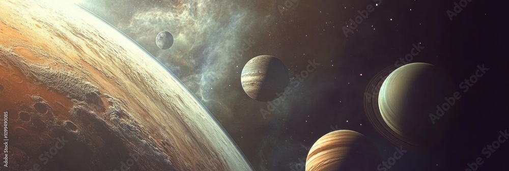 Poster a cosmic scene featuring multiple planets in a starry space environment.