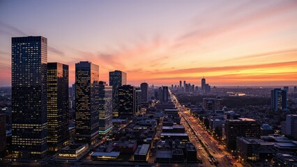 Obraz premium Generative AI, Modern Metropolis at Sunset with Reflective Skyscrapers