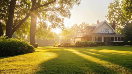 Obraz premium Tranquil Morning Scene with a Cozy House, Lush Trees, and a Vibrant Green Lawn in the Serene Background.