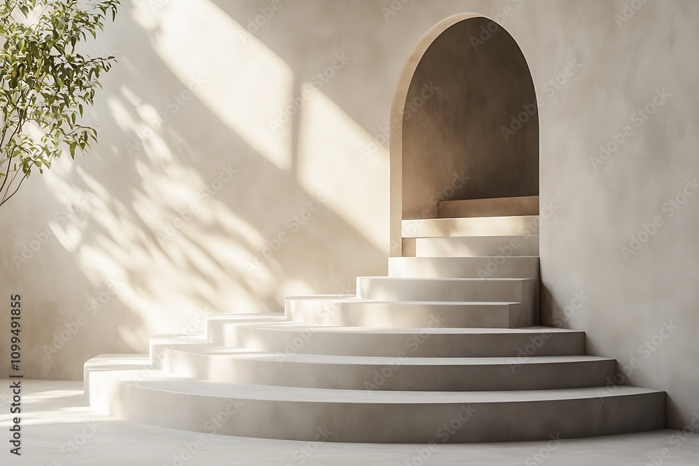 Poster Elegant Minimalist Staircase with Curved Steps in a Sunlit Modern Architectural Space : Generative AI