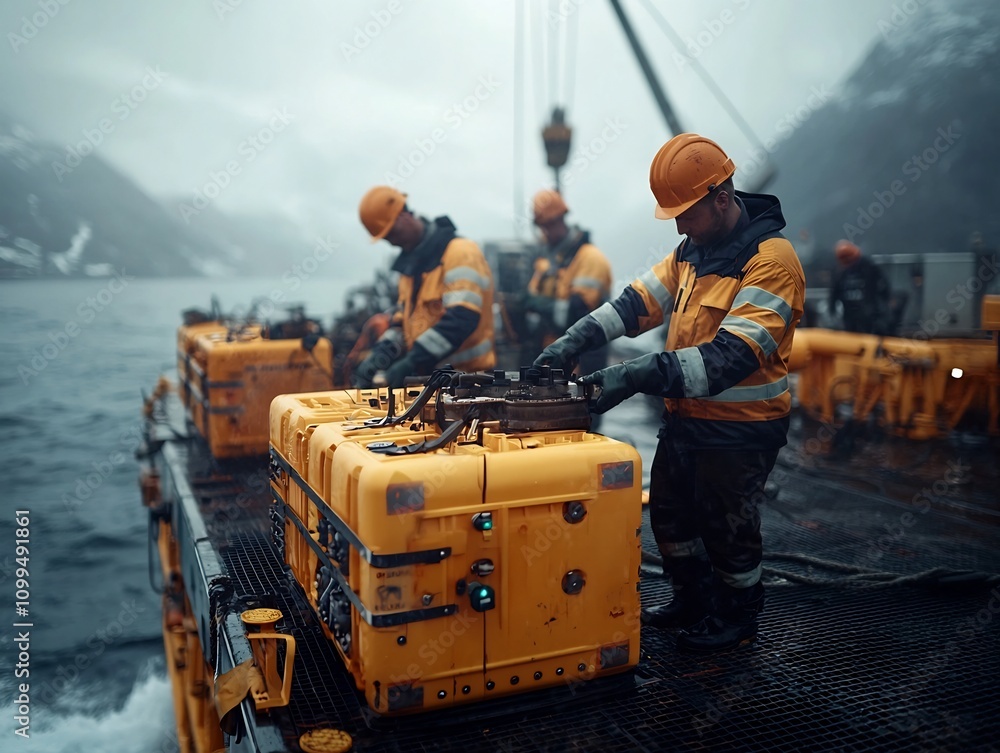 Poster skilled technicians in reflective uniforms carrying out critical maintenance tasks on offshore oil r