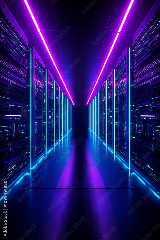 Poster futuristic data center corridor with neon lights highlighting server racks and modern technology cre