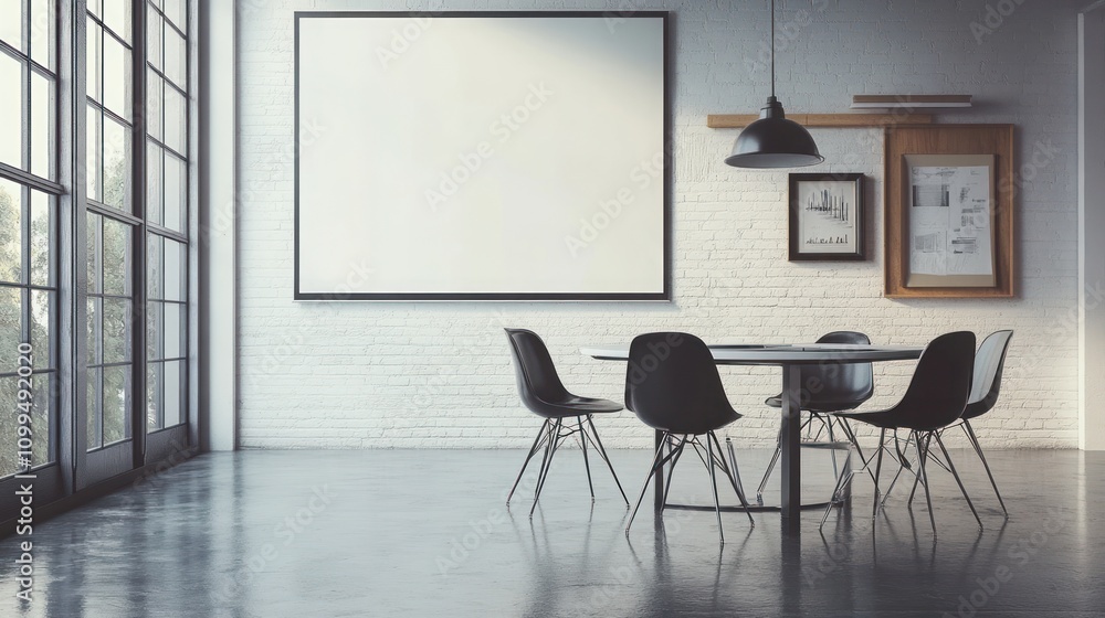 Poster modern conference room with a large empty frame and minimalist design.