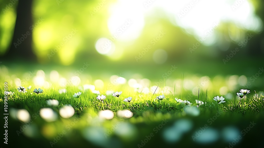 Poster lush grass field dotted with delicate white wildflowers capturing essence of spring : generative ai