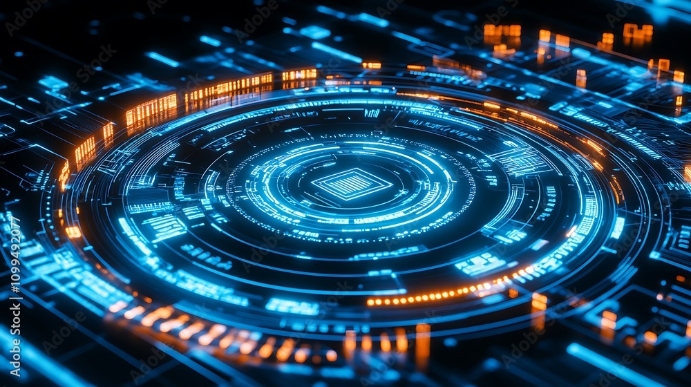 Poster futuristic data visualization with glowing circuits and dynamic circular patterns in blue and orange