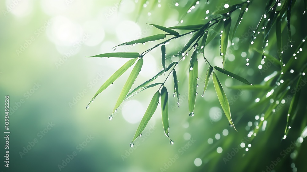Poster bamboo leaves with dew drops in green lush background capturing tranquil nature essence : generative