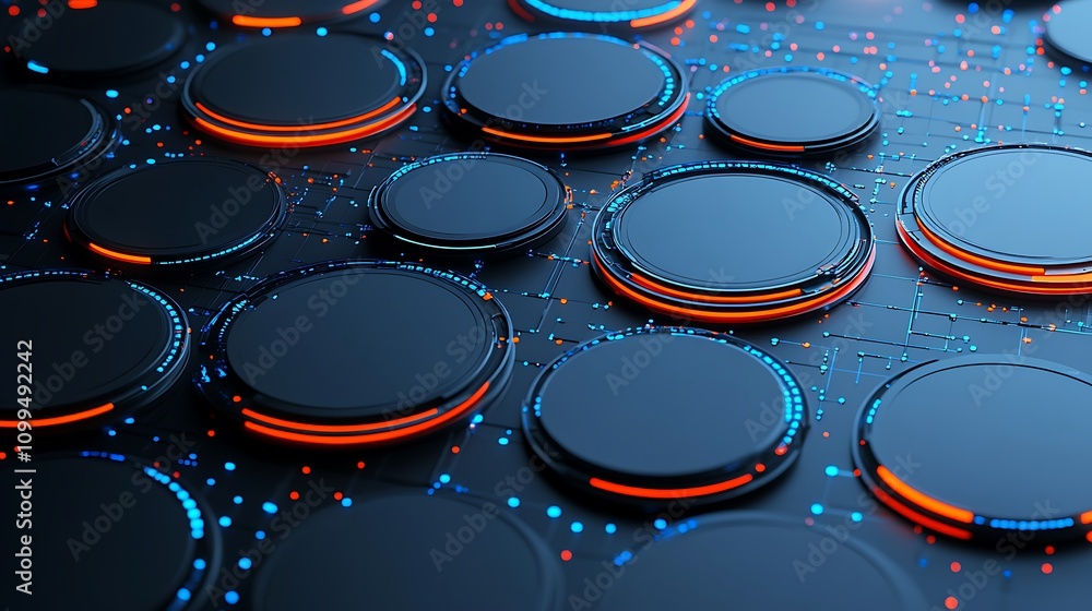 Poster futuristic digital background with circular elements and glowing particles in blue and red on a dark