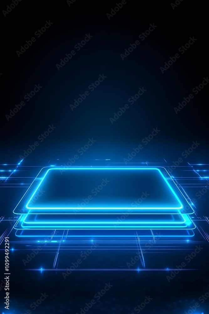 Poster futuristic digital background with glowing blue rectangles and matrix pattern for technology and inn