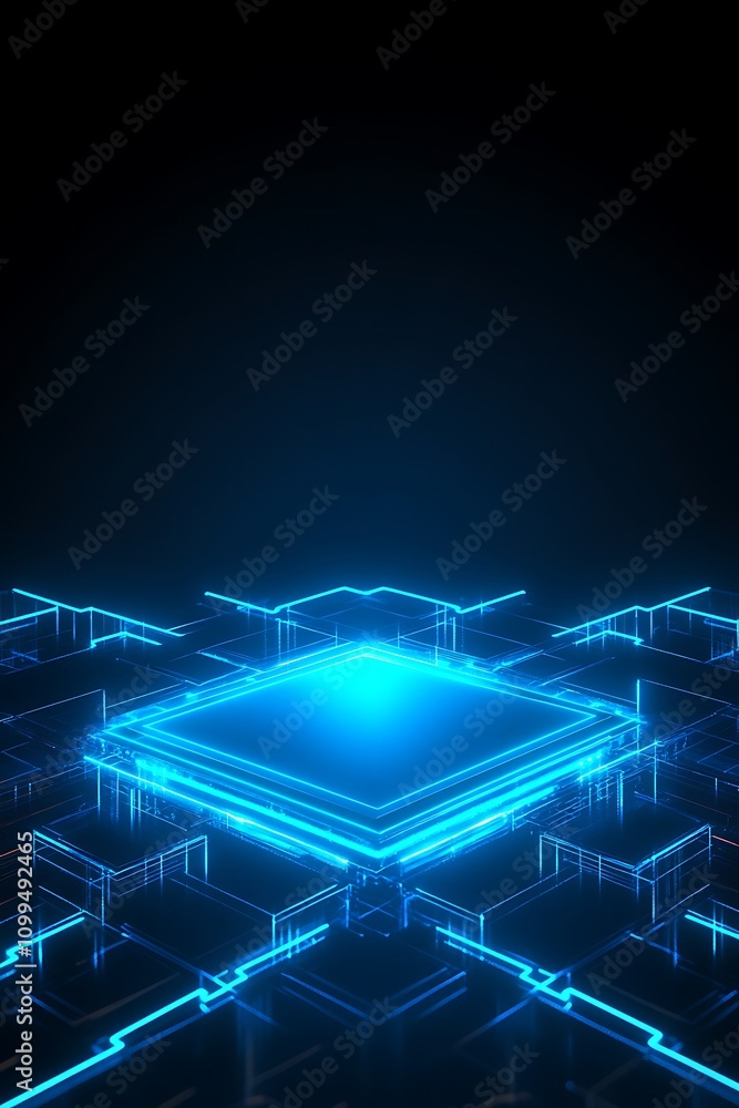 Poster futuristic digital circuit board with glowing blue lines and geometric shapes on dark background for