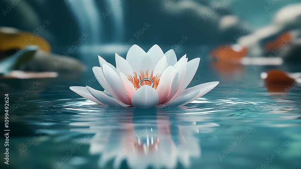 Aufkleber Calm Floating Water Lily Capturing Light in Tranquil Pond Reflection : Generative AI