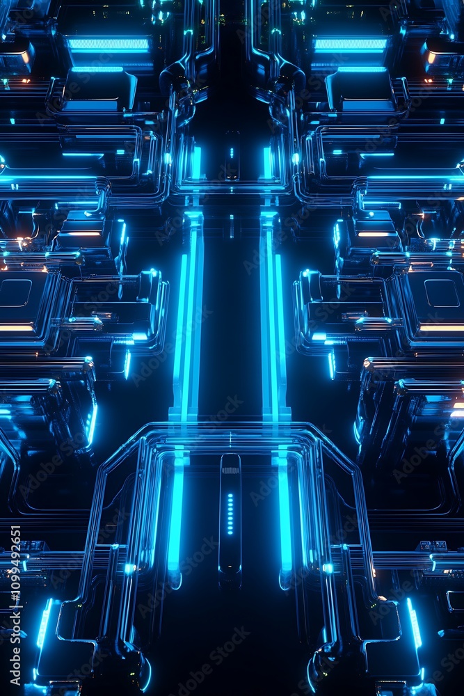 Poster futuristic digital circuitry background with neon lights and glowing effects in a high-tech environm