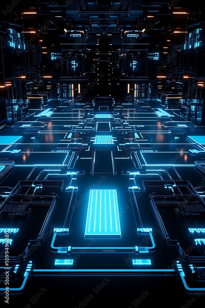 Poster futuristic digital corridor with glowing blue circuit patterns and high-tech design elements set aga