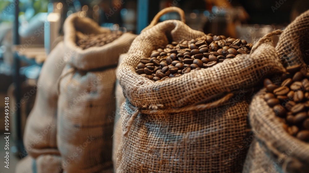 Poster burlap sacks filled with roasted coffee beans in a rustic setting