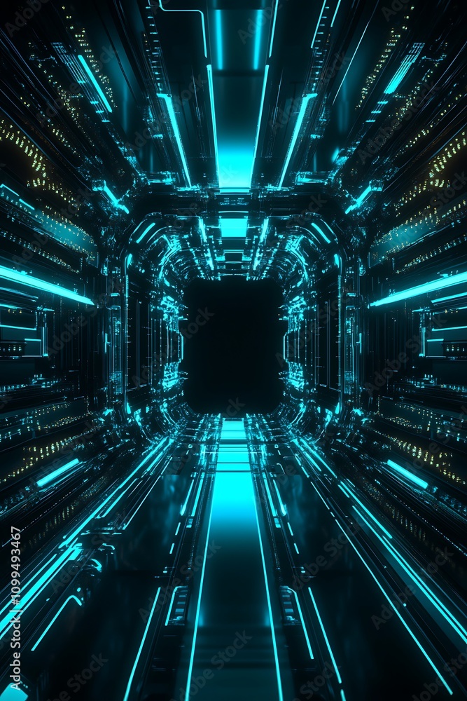 Poster futuristic digital corridor with neon lights and glowing lines creating a high-tech environment for 