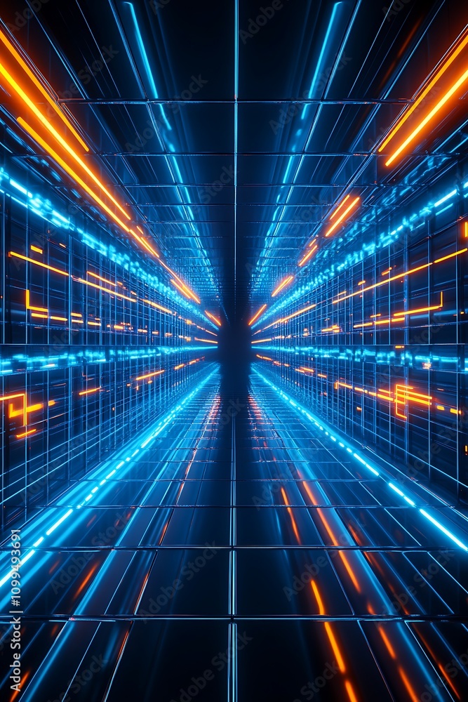 Poster futuristic digital corridor with vibrant blue and orange lights creating a sense of depth and moveme
