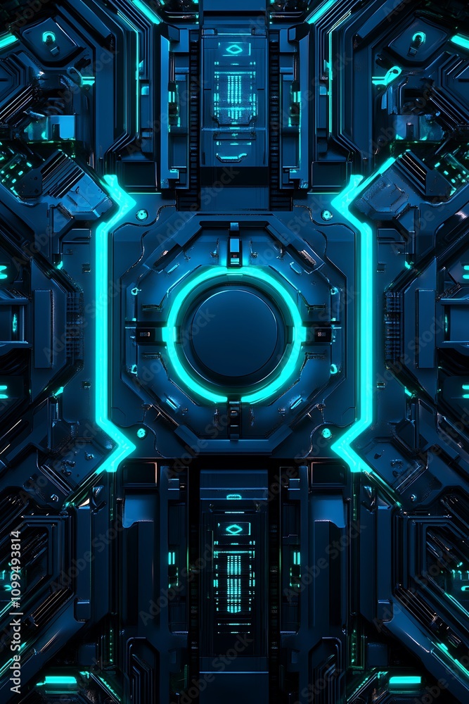 Poster futuristic digital interface with glowing blue lights and intricate circuit patterns for enhanced te