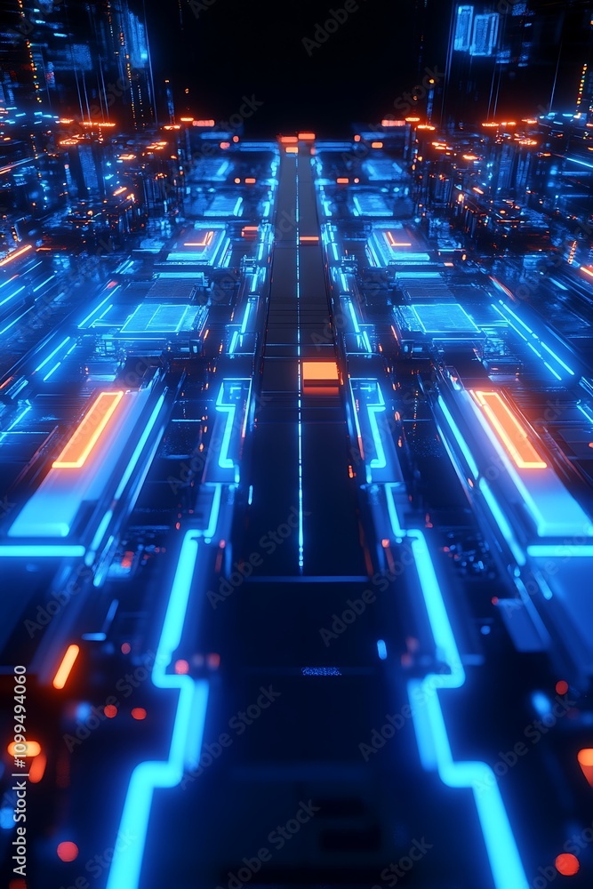 Poster futuristic digital landscape with vibrant neon lights in a high-tech environment, featuring glowing 