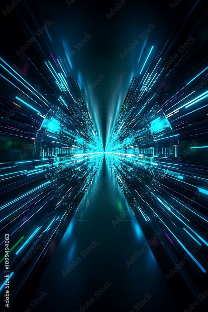 Poster futuristic digital light tunnel with glowing blue laser beams creating a sense of movement and depth