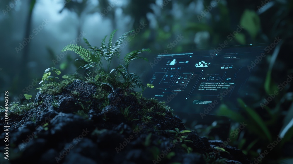 Poster a futuristic scene featuring digital data overlay on lush greenery merging nature and technology in 
