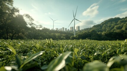 A serene landscape featuring wind turbines alongside a lush green field and a city skyline highlighting renewable energy and nature
