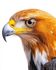 A majestic eagle with striking orange and white plumage, showcasing its sharp beak and intense gaze against a white background.