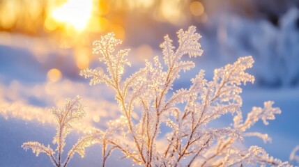 Fototapeta premium Frost Covered Plant Glowing In Winter Sunset