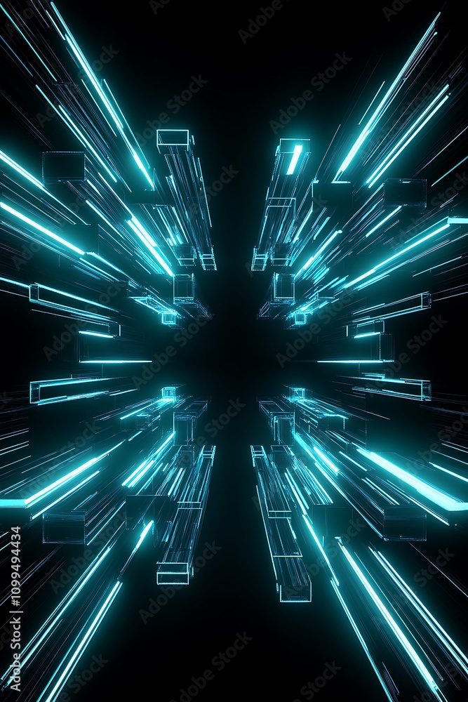 Poster futuristic digital stream with blue neon lines and abstract cubes creating a sense of motion and dep