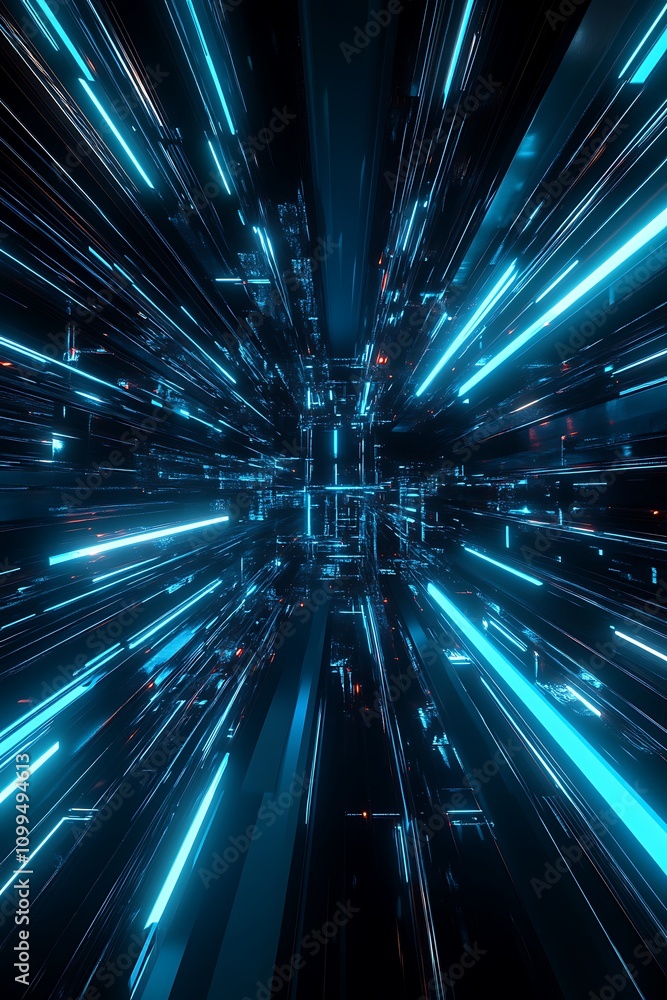 Poster Futuristic Digital Tunnel with Glowing Blue Lights and Abstract Technology Elements Creating a Sense of Speed and Motion in a Sci-Fi Environment