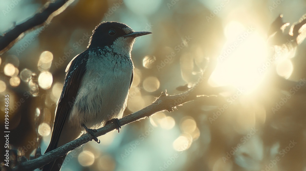 Poster a serene bird perched on a branch, illuminated by soft sunlight and surrounded by bokeh.