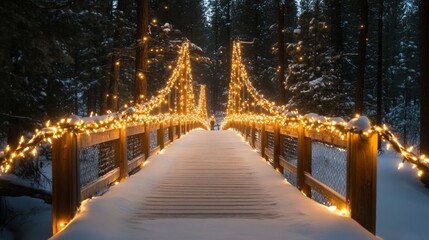 Fototapeta premium Snow Covered Bridge Adorned With Festive Lights
