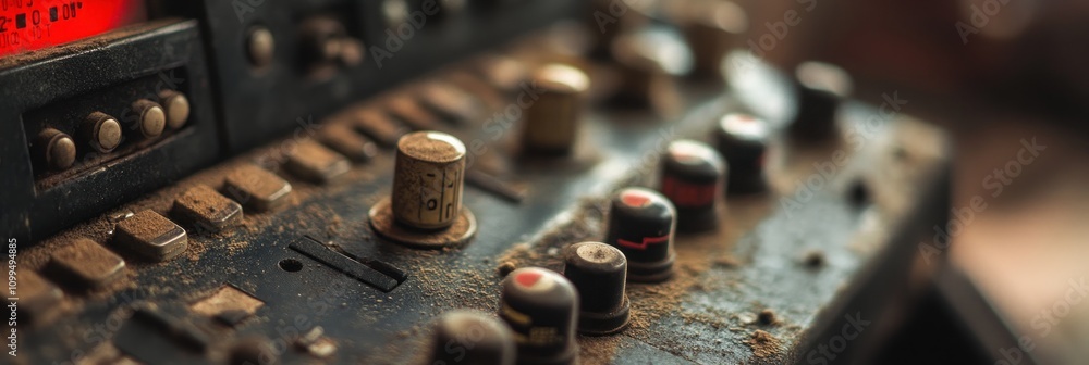 Poster a close-up of a dusty vintage control panel with various knobs and buttons.
