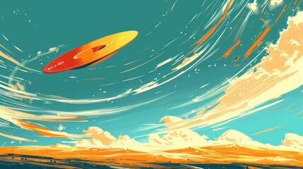 Colorful UFO flying over swirling clouds and sunset landscape.