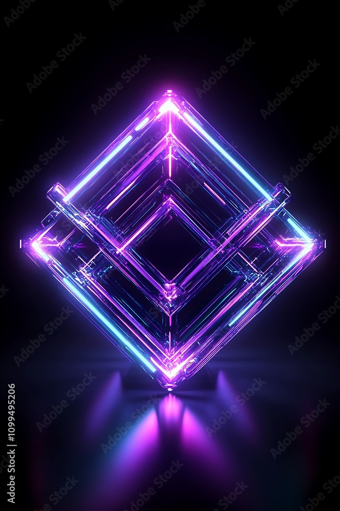 Poster Futuristic Geometric Shape with Vibrant Neon Lights Creating a Mesmerizing Visual Effect in a Dark Environment for Modern Design and Art Projects