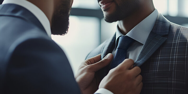Professional Partnership: A close-up shot of two African-American businessmen, dressed in sharp suits, showcasing a moment of camaraderie and support as one adjusts the other's tie.