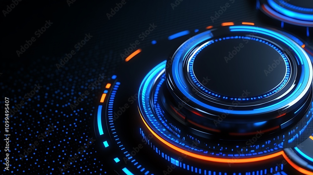Poster futuristic interface design with glowing elements and high-tech circles for digital applications and