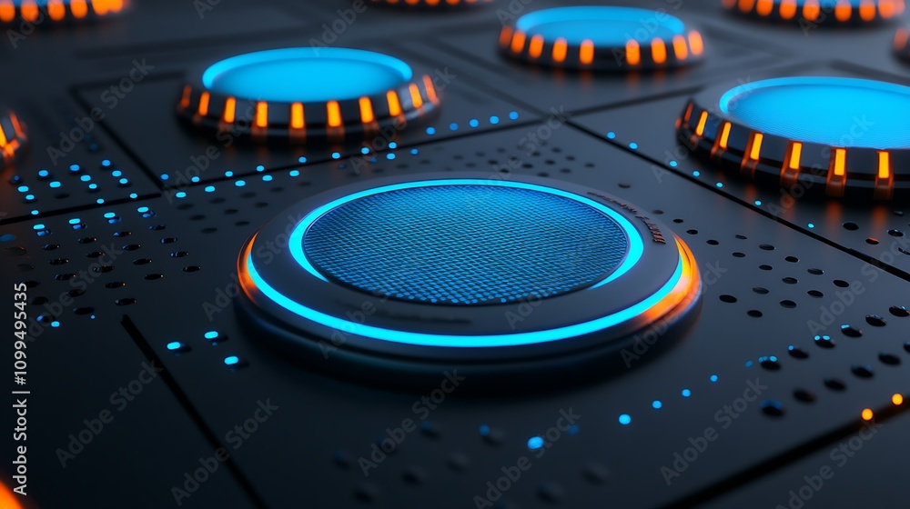 Poster futuristic interface with glowing buttons and patterns, illuminated control panel featuring blue and