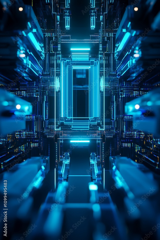 Poster futuristic light blue digital corridor with glowing lines and high-tech circuit patterns in a virtua