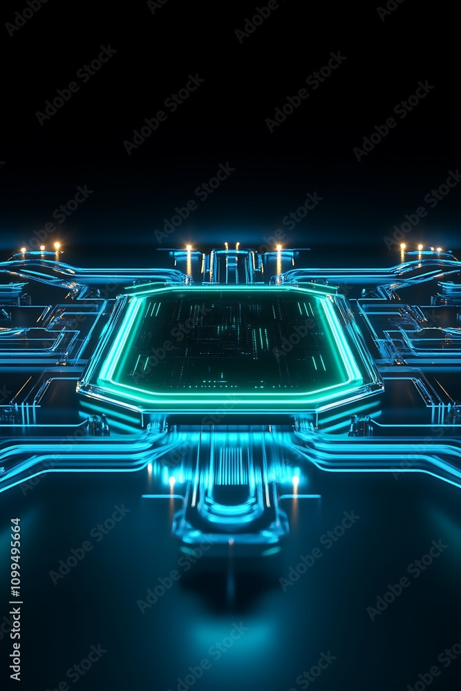 Poster futuristic microprocessor design with neon lights and high-tech circuitry in dark background for dig