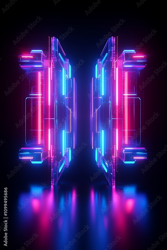 Poster futuristic neon abstract background featuring dual panels with glowing lines and vivid colors in a d
