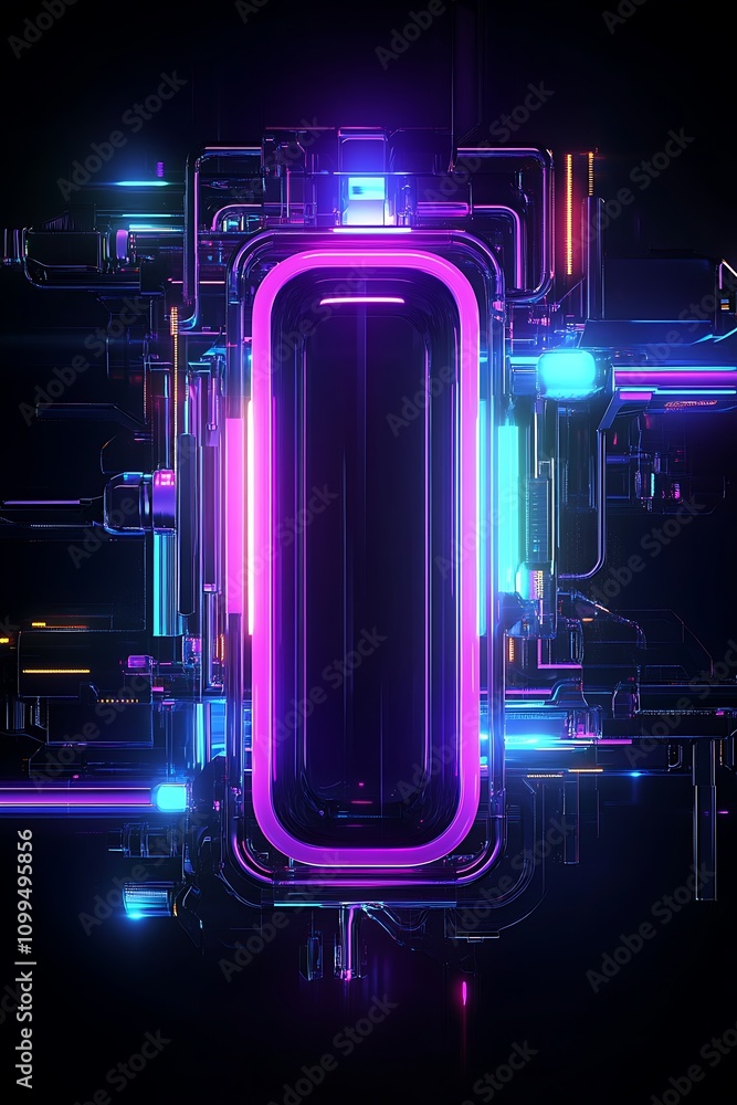 Poster futuristic neon abstract design with colorful glowing elements in a dark background, perfect for tec